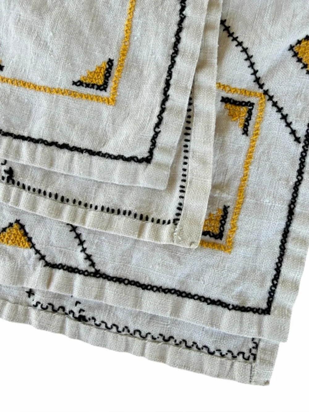 VTG Traditional Geometric Folk Cross Stitch Linen Tablecloth Black Yellow 47x64